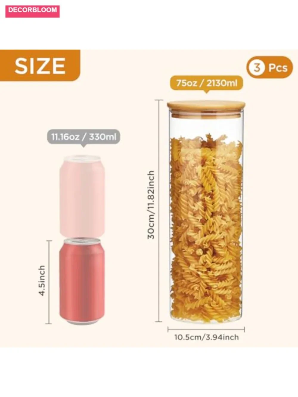 Set of 3 Glass Food Storage Jars with Bamboo Lid 2.34 Qt Each